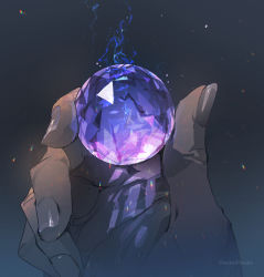 Rule 34 | 1other, ambiguous gender, ball, close-up, demizu posuka, glass, glowing, grey background, hand focus, holding, holding ball, light particles, original, out of frame, purple theme, solo