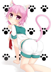 Rule 34 | 10s, 1girl, absurdres, all fours, animal ears, ass, barefoot, blush, breasts, cat ears, cat tail, from behind, highres, kantai collection, looking at viewer, ne an ito, open mouth, parted lips, paw pose, pink eyes, pink hair, sailor collar, sailor shirt, shirt, short hair, shorts, sideboob, solo, tail, tama (kancolle)
