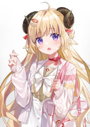 Rule 34 | 1girl, absurdres, ahoge, animal ears, bag, blonde hair, blush, bow, bow choker, cardigan, choker, commentary request, hair ornament, hairclip, high-waist skirt, highres, hololive, horns, long hair, long sleeves, looking at viewer, open cardigan, open clothes, open mouth, pinstripe pattern, pinstripe shirt, purple eyes, red bow, red choker, sailor collar, sheep ears, sheep girl, sheep horns, shiroraku, shirt, shoulder bag, simple background, skirt, sleeves past wrists, solo, striped, tsunomaki watame, tsunomaki watame (street casual), upper body, virtual youtuber, white bow, white cardigan, white sailor collar, white shirt