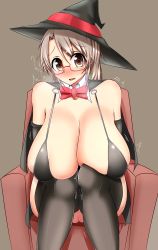 Rule 34 | 1girl, aen030, armchair, bare shoulders, bikini, bikini top only, black bikini, black thighhighs, blush, breasts, brown eyes, brown hair, cape, chair, embarrassed, female focus, gigantic breasts, glasses, hat, highres, original, ribbon, sagging breasts, simple background, sitting, solo, swimsuit, thighhighs, trembling, witch hat