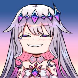 Rule 34 | 1girl, anya&#039;s heh face (meme), anya (spy x family), blush, breasts, crown, detached collar, eyebrows hidden by hair, gradient background, hololive, hololive english, jewel under eye, jewelry, koseki bijou, koseki bijou (1st costume), long hair, lowres, meme, purple eyes, purple hair, ryusuke kh, small breasts, smile, smug, squinting, tiara, very long hair, virtual youtuber
