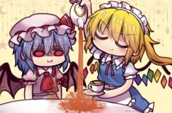 Rule 34 | 2girls, :i, alternate costume, apron, ascot, bat wings, blonde hair, closed eyes, crystal, cup, dress, enmaided, failure, flandre scarlet, frilled shirt collar, frilled skirt, frills, frown, annoyed, hat, hat ribbon, light purple hair, maid, maid apron, maid headdress, mob cap, multiple girls, pink dress, pink headwear, pout, puffy short sleeves, puffy sleeves, red ascot, red eyes, red ribbon, remilia scarlet, ribbon, saucer, shaded face, short hair, short sleeves, siblings, side ponytail, sidelocks, sisters, skirt, smile, solid oval eyes, spilling, table, tablecloth, teacup, teapot, touhou, unime seaflower, wings