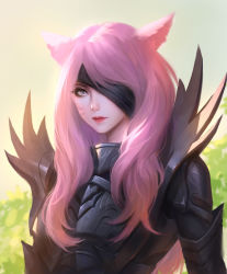 Rule 34 | 1girl, animal ears, armor, warrior of light (ff14), bandage over one eye, blue eyes, blurry, blurry background, cat ears, chaosringen, closed mouth, commission, facial mark, final fantasy, final fantasy xiv, highres, lips, long hair, looking at viewer, miqo&#039;te, outdoors, pink hair, portrait, solo, tree, upper body, whisker markings