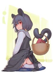 Rule 34 | 1girl, :3, animal ears, ass, basket, capelet, clothes lift, commentary request, condom box, from behind, full body, go robots, grey hair, hair between eyes, highres, lifted by self, lifted by tail, looking at viewer, looking back, mouse ears, mouse tail, nazrin, no panties, no shoes, red eyes, short hair, sitting, skirt, skirt lift, skirt set, socks, solo, tail, touhou