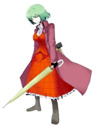 Rule 34 | 1girl, bad id, bad pixiv id, boots, breasts, capcom, closed umbrella, coat, devil may cry (series), female focus, full body, green eyes, green hair, gun, head tilt, impossible clothes, kazami yuuka, large breasts, long coat, matching hair/eyes, oyaji-sou, parody, plaid, plaid skirt, plaid vest, short hair, simple background, skirt, skirt set, smirk, solo, standing, touhou, umbrella, vest, weapon, white background
