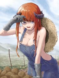 Rule 34 | 1girl, :d, alternate costume, areola slip, arknights, arm up, bagpipe (arknights), bare shoulders, blue sky, breasts, choker, cleavage, cloud, collarbone, commentary, cowboy shot, day, gloves, grey gloves, highres, horns, large breasts, long hair, looking at viewer, mildt, naked overalls, open mouth, orange hair, outdoors, overalls, potato, purple eyes, sky, smile, solo, standing, sweat, very long hair