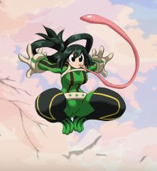 Rule 34 | 1girl, asui tsuyu, bodysuit, boku no hero academia, boots, breasts, cherry blossoms, closed mouth, full body, gloves, gluteal fold, green bodysuit, green hair, highres, kyelyn, long hair, long sleeves, long tongue, medium breasts, sky, solo, thigh boots, thighhighs, tongue, tongue out