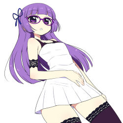 Rule 34 | 10s, 1girl, aikatsu!, aikatsu! (series), bare shoulders, bespectacled, black thighhighs, blunt bangs, chan co, cowboy shot, dress, dutch angle, glasses, hair ribbon, hikami sumire, lace, lace-trimmed legwear, lace trim, long hair, looking at viewer, looking down, open mouth, pleated dress, purple-framed eyewear, purple eyes, purple hair, ribbon, sidelocks, simple background, solo, tareme, thighhighs, white background