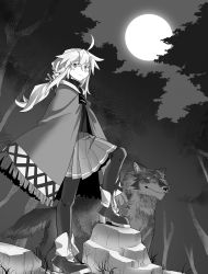Rule 34 | 1girl, ahoge, ari (shichigatsu), bad id, bad pixiv id, braid, braided ponytail, cloak, closed mouth, forest, full moon, greyscale, hair between eyes, highres, knee up, long hair, looking at viewer, monochrome, moon, nature, original, pantyhose, pleated skirt, shichigatsu, skirt, solo, wolf