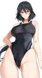 Rule 34 | 1girl, black hair, black one-piece swimsuit, breasts, brown eyes, competition swimsuit, covered navel, cowboy shot, from below, gluteal fold, halcon, highleg, highleg swimsuit, highres, infinite stratos, looking at viewer, looking down, medium breasts, one-piece swimsuit, orimura chifuyu, short hair, smile, solo, swimsuit