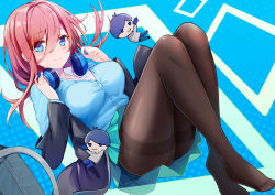 Rule 34 | 1girl, ass, black jacket, blazer, blue cardigan, blue eyes, blush, brown hair, brown pantyhose, cardigan, character doll, closed mouth, collarbone, collared shirt, commentary request, dress shirt, feet, go-toubun no hanayome, green skirt, hair between eyes, headphones, headphones around neck, jacket, knees up, long sleeves, nakano miku, no shoes, open clothes, open jacket, pantyhose, pleated skirt, rods, shirt, skirt, solo, thighband pantyhose, white shirt