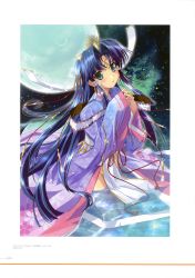 Rule 34 | 1girl, absurdres, blue hair, full moon, green eyes, groin, hair ornament, highres, interlocked fingers, japanese clothes, kimono, komatsu eiji, long hair, looking at viewer, moon, no panties, original, own hands clasped, own hands together, partially submerged, ribbon, solo, very long hair, white ribbon