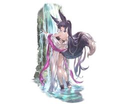 Rule 34 | animal ears, ass, bikini, black bikini, black hair, blunt bangs, closed mouth, day, erune, fox ears, fox tail, full body, fur trim, granblue fantasy, long hair, looking at viewer, looking back, minaba hideo, open clothes, open robe, outdoors, ponytail, red eyes, robe, see-through, smile, solo, standing, swimsuit, tail, transparent background, very long hair, water, waterfall, wet, wet clothes, white robe, yuel (granblue fantasy)