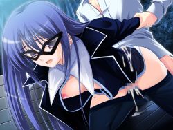 Rule 34 | 1girl, arm grab, arm held back, banpuri ~ikinari suwarete h shiyo!~, blue hair, breasts, censored, clothed sex, clothes pull, cum, cum in pussy, cum on body, doggystyle, glasses, long hair, nipples, nishizono kanami, cum overflow, pantyhose, pantyhose pull, sex, sex from behind, solo focus
