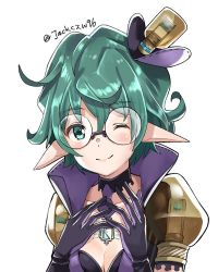 Rule 34 | 1girl, breasts, curly hair, fingerless gloves, glasses, gloves, hat, j@ck, nintendo, one eye closed, pandoria (xenoblade), pointy ears, short hair, simple background, smile, solo, xenoblade chronicles (series), xenoblade chronicles 2, xenoblade chronicles (series), xenoblade chronicles 2