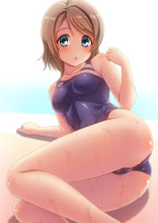 Rule 34 | 10s, 1girl, :o, ass, backlighting, blue eyes, blue one-piece swimsuit, blush, breasts, brown hair, collarbone, competition school swimsuit, competition swimsuit, eyebrows, from behind, highres, legs together, looking at viewer, love live!, love live! sunshine!!, lying, medium breasts, on side, one-piece swimsuit, open mouth, pool, poolside, school swimsuit, shimashima salmon, shiny clothes, short hair, solo, swept bangs, swimsuit, thighs, watanabe you, water, wet