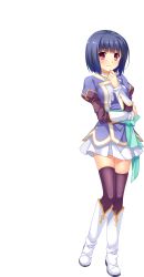 Rule 34 | 1girl, absurdres, black thighhighs, blue hair, blush, boots, crossed arms, detached sleeves, full body, ganryou, ganryou (koihime musou), hand on own chin, highres, juliet sleeves, knee boots, koihime musou, long sleeves, looking at viewer, pleated skirt, puffy sleeves, purple eyes, saeki hokuto, short hair, skirt, smile, solo, thighhighs, transparent background, white footwear, zettai ryouiki
