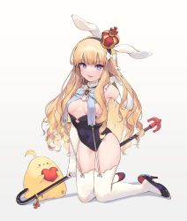 Rule 34 | 1girl, adapted costume, alternate costume, animal ears, arm up, armpits, azur lane, bare shoulders, bird, black footwear, black leotard, blonde hair, blue eyes, breast curtains, breasts, bright pupils, cane, chick, covered navel, crown, detached collar, elbow gloves, fake animal ears, garter straps, gloves, hairband, high heels, highres, holding, kneeling, leotard, long hair, looking at viewer, manjuu (azur lane), mini crown, nys, open mouth, queen elizabeth (azur lane), rabbit ears, revealing clothes, small breasts, smile, solo, strapless, strapless leotard, thighhighs, thighs, tilted headwear, very long hair, wavy hair, white gloves, white thighhighs