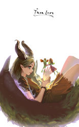 Rule 34 | 1girl, aged down, animification, bracelet, brown dress, brown hair, dress, feathered wings, floating, from side, green eyes, hair behind ear, highres, hon (loliconxh123), horns, jewelry, knees up, long hair, magic, maleficent, maleficent (movie), pointy ears, profile, red lips, short sleeves, simple background, smile, solo, white background, wings