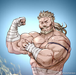 Rule 34 | 1boy, abs, bara, beard, biceps, facial hair, feeling muscles, flexing, granblue fantasy, grin, konohanaya, large pectorals, male focus, mature male, midriff sarashi, muscular, muscular male, mustache, nipples, old, old man, pectorals, ponytail, sarashi, scar, smile, solo, soriz, strongman waist, thick arms, thick eyebrows, thick mustache