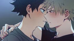 Rule 34 | 2boys, adam&#039;s apple, bakugou katsuki, black hair, black shirt, blonde hair, blush, boku no hero academia, clothes pull, curly hair, embarrassed, eye contact, eyebrows, forehead-to-forehead, freckles, freestyle18, green eyes, grey shirt, heads together, imminent kiss, lips, looking at another, midoriya izuku, multiple boys, pale skin, parted lips, profile, red eyes, shirt, shirt pull, short hair, short sleeves, spiked hair, sweat, t-shirt, wavy mouth, yaoi