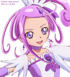 Rule 34 | 10s, 1girl, 2014, aikawa yousuke, brooch, choker, cure sword, curly hair, dated, dokidoki! precure, earrings, hair ornament, heart, heart brooch, jewelry, kenzaki makoto, magical girl, outstretched arms, precure, purple eyes, purple hair, short hair, side ponytail, smile, solo, spade (shape), spade earrings, spade hair ornament, spread arms, upper body, white background