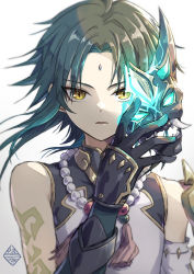 Rule 34 | 1boy, arm tattoo, bead necklace, beads, black gloves, black hair, facial mark, fading, forehead mark, genshin impact, gloves, green hair, holding, holding mask, jewelry, long hair, looking at viewer, male focus, mask, multicolored hair, necklace, open mouth, physics point, simple background, sleeveless, slit pupils, solo, tassel, tattoo, white background, xiao (genshin impact), yellow eyes