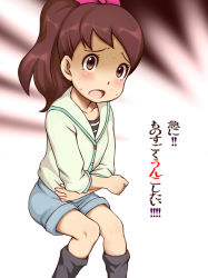 Rule 34 | 1girl, blush, bow, brown eyes, brown hair, e10, hair bow, high ponytail, kodama fumika, long hair, looking at viewer, open mouth, ponytail, shirt, shorts, striped clothes, striped shirt, sweat, translation request, youkai watch