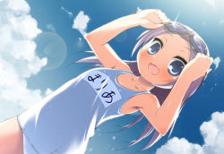 Rule 34 | 10s, 1girl, :d, amakara surume, bad id, bad pixiv id, blue eyes, boku wa tomodachi ga sukunai, child, cloud, day, fang, goggles, goggles on head, long hair, name tag, one-piece swimsuit, open mouth, purple hair, school swimsuit, sky, smile, solo, swimsuit, takayama maria, white school swimsuit, white one-piece swimsuit