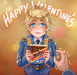 Rule 34 | 1boy, 1girl, blonde hair, blue eyes, blue jacket, blue shirt, blush, bob cut, chocolate, darun khanchanusthiti, drugs, embarrassed, english text, from above, german text, giving, heike grislawski, highres, holding, jacket, leather belt, looking at viewer, looking up, military, military uniform, necktie, original, patch, pov, reaching, reaching towards viewer, shirt, short hair, shoulder boards, shy, uniform, valentine