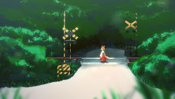 Rule 34 | 1girl, animal ears, blunt bangs, blurry, blurry foreground, brown eyes, bush, child, fox ears, fox girl, fox tail, frown, hakama, japanese clothes, light brown hair, looking back, miko, nature, original, outdoors, railroad crossing, road, scenery, shadow, short hair, solo, street, tail, torla16, tree
