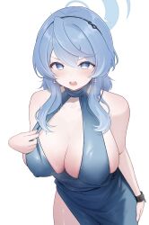 Rule 34 | 1girl, :o, absurdres, ako (blue archive), ako (dress) (blue archive), blue archive, blue dress, blue eyes, blue hair, blush, breasts, covered erect nipples, cuffs, dress, evening gown, halo, highres, large breasts, looking at viewer, norato, official alternate costume, shackles, simple background, skindentation, solo, sweat, white background