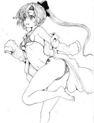 Rule 34 | 1girl, akigumo (kancolle), barefoot, bikini, breasts, feet out of frame, greyscale, hair ribbon, jacket, kantai collection, lineart, long hair, monochrome, navel, open clothes, open jacket, ponytail, ribbon, sleeves past fingers, sleeves past wrists, small breasts, solo, standing, standing on one leg, striped bikini, striped clothes, swimsuit, yo-jin