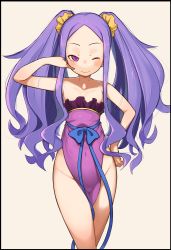 Rule 34 | 1girl, ;), areola slip, black border, blush, border, fate/grand order, fate (series), flat chest, forehead, groin, highleg, highres, japanese clothes, kei (soundcross), long hair, looking at viewer, one eye closed, pelvic curtain, purple eyes, purple hair, sketch, skindentation, smile, solo, very long hair, wu zetian (fate), wu zetian (first ascension) (fate)
