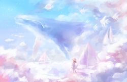 Rule 34 | 1girl, absurdres, animal, ashleyloob, blue sky, boat, cloud, day, dress, fish, flying whale, hat, highres, original, pastel colors, sail, sailboat, scenery, sky, star (sky), sun hat, surreal, watercraft, whale, white dress