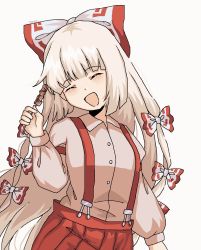 Rule 34 | 1girl, blunt bangs, bow, buttons, closed eyes, collared shirt, facing viewer, food, fujiwara no mokou, hair bow, highres, holding, holding food, long hair, long sleeves, moonii desu, multiple bows, open mouth, shirt, simple background, smile, solo, suspenders, touhou, upper body, white background, white hair, white shirt