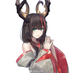Rule 34 | 1girl, bare shoulders, brown hair, closed mouth, detached sleeves, fingernails, green eyes, horns, long hair, multicolored hair, nail polish, original, own hands together, patterned, patterned clothing, pink nails, qiongsheng, red hair, simple background, solo, white background, wide sleeves