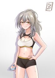 Rule 34 | 1girl, absurdres, alternate hairstyle, bare arms, bare shoulders, black shorts, bottle, breasts, cleavage, cowboy shot, crop top, drop shadow, gradient background, grey background, grey hair, hand on own hip, highres, holding, holding bottle, honkai: star rail, honkai (series), kyozu (kyozudraws), long hair, looking at viewer, medium breasts, midriff, navel, ponytail, short shorts, shorts, sidelocks, smile, solo, sports bra, standing, stelle (honkai: star rail), stomach, sweat, thighs, trailblazer (honkai: star rail), water bottle, white background, yellow eyes