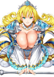Rule 34 | 1girl, aqua eyes, armor, bikini armor, blonde hair, blue nails, breasts, center opening, cinderella (queen&#039;s blade grimoire), cleavage, detached collar, faulds, flipped hair, frilled sleeves, frills, huge breasts, large breasts, long hair, looking at viewer, nail polish, official art, parted lips, pauldrons, queen&#039;s blade, queen&#039;s blade grimoire, saburou (hgmg), shoulder armor, showgirl skirt, simple background, sitting, smile, solo, thighhighs, tiara, wariza, white background, white thighhighs, wide sleeves