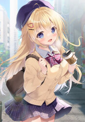 Rule 34 | 1girl, :d, ahoge, bag, blonde hair, blue eyes, blue headwear, blue skirt, blurry, blurry background, blush, building, cardigan, collared shirt, commentary request, cup, day, disposable cup, hair between eyes, hair ornament, heart, heart hair ornament, highres, long hair, long sleeves, looking at viewer, mikeou, open mouth, original, outdoors, pavement, plaid, plaid skirt, pleated skirt, road, school bag, school uniform, shirt, skirt, smile, solo, standing, street, white shirt, yellow cardigan