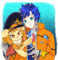Rule 34 | 1boy, animal, apolleon, aqua eyes, astel leda, blonde hair, blue hair, blue jacket, clothed animal, coat, collared shirt, gloves, gradient background, grey gloves, hat, highres, holding, holding clothes, holding hat, holostars, jacket, karamomo (krmmap), lion, looking at another, male focus, multicolored hair, necktie, official alternate costume, orange coat, outside border, peaked cap, pocket square, red eyes, red necktie, shirt, short hair, smile, solo, streaked hair, upper body, virtual youtuber, white shirt