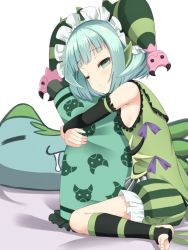 Rule 34 | 1girl, astaroth (p&amp;d), bad id, bad leg, bad pixiv id, bad proportions, barefoot, bloomers, green bloomers, green eyes, green hair, hat, hugging object, matching hair/eyes, one eye closed, pajamas, pillow, pillow hug, pointy ears, puzzle &amp; dragons, solo, toeless legwear