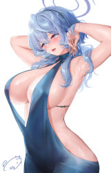 Rule 34 | 1girl, :d, ako (blue archive), ako (dress) (blue archive), armpits, arms up, bare shoulders, blue archive, blue dress, blue eyes, blue hair, blue halo, blush, breasts, commentary request, dress, halo, highres, large breasts, medium hair, obiwan, official alternate costume, open mouth, paid reward available, sideboob, signature, smile, solo, sweat, weisuoxin