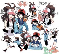 Rule 34 | +++, 1boy, 1girl, :d, antenna hair, black vest, brown eyes, brown hair, closed eyes, commentary request, creatures (company), eyelashes, flying sweatdrops, game freak, gen 5 pokemon, high ponytail, hilbert (pokemon), hilda (pokemon), holding, holding hands, holding pokemon, korean commentary, korean text, long hair, multiple views, musical note, nintendo, open clothes, open mouth, open vest, park 0o0, pignite, pokemon, pokemon (creature), pokemon adventures, pokemon bw, servine, shirt, sidelocks, sleeveless, sleeveless shirt, smile, sparkle, sweatdrop, tepig, translation request, vest, white shirt, wristband