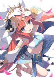 Rule 34 | 1girl, :d, aqua eyes, arabian clothes, arm up, armpit crease, blue sash, blush, bracelet, breasts, brooch, commentary request, crop top, curled horns, dancing, eyelashes, falling petals, gem, genshin impact, gladiator sandals, gold trim, harem outfit, highres, hiyaya (kochi michikaze), horns, jewelry, long hair, long sleeves, looking at viewer, medium breasts, midriff, narrow waist, navel, necklace, nilou (genshin impact), open mouth, pelvic curtain, petals, puffy long sleeves, puffy sleeves, red hair, revealing clothes, sandals, sash, simple background, skirt, smile, solo, stomach, teeth, veil, white background, ||/