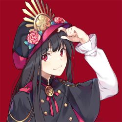 Rule 34 | 1girl, :3, black hair, blunt bangs, blush, crest, family crest, fate/grand order, fate (series), flower, hat, hat tip, long hair, long sleeves, looking at viewer, military, military uniform, nagu, oda nobunaga (fate), oda nobunaga (koha-ace), peaked cap, puffy sleeves, red background, red eyes, red ribbon, ribbon, simple background, solo, uniform, upper body
