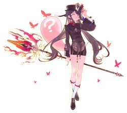 Rule 34 | 1girl, :q, ?, absurdres, black nails, bracelet, brown hair, bug, butterfly, flower, flower-shaped pupils, full body, genshin impact, ghost, hand on headwear, hat, hat flower, highres, holding, holding polearm, holding weapon, hu tao (genshin impact), insect, jewelry, kneehighs, long hair, long sleeves, looking at viewer, multiple rings, nail polish, polearm, red flower, ring, shoes, short shorts, shorts, sidelocks, simple background, socks, solo, spear, staff of homa (genshin impact), symbol-shaped pupils, tassel, tongue, tongue out, twintails, very long hair, weapon, white background, white socks, zippo (2387576974)