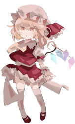 Rule 34 | 1girl, addictionwhite, closed mouth, crystal, flandre scarlet, full body, hat, hat ribbon, looking at viewer, mob cap, one side up, red ribbon, red skirt, red vest, ribbon, shirt, simple background, skirt, smile, solo, touhou, vest, white background, white hat, white legwear, white shirt, wings, wrist cuffs, yellow eyes
