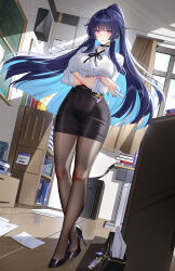 Rule 34 | 1girl, absurdres, benghuai xueyuan, black footwear, black pantyhose, black skirt, blue hair, blush, breasts, chinese commentary, closed mouth, colored inner hair, commentary, covered navel, crossed arms, full body, high heels, highres, honkai (series), honkai impact 3rd, indoors, large breasts, long hair, long sleeves, looking at viewer, multicolored hair, nail polish, pantyhose, paper, purple nails, raiden mei, shirt, skirt, solo, standing, thighs, white shirt, window, wu ganlan cai