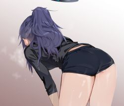 Rule 34 | 1girl, ass, bent over, black shirt, black shorts, blue archive, brown background, commentary request, from behind, gradient background, halo, heavy breathing, long hair, long sleeves, panties, panties under shorts, ponytail, purple hair, shirt, short shorts, shorts, solo, standing, sweat, thighs, underwear, uno ryoku, white background, white panties, yuuka (blue archive), yuuka (track) (blue archive)